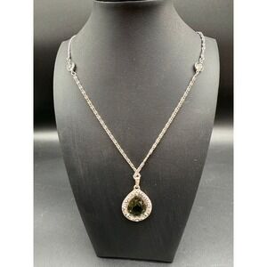 VTG Goldette Pendant Necklace Ornate Silver‎ Tone Smoky Quartz Color Glass Drop